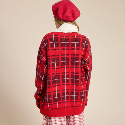 Women's Red Plaid Tie Front Knit Cardigan Sweater