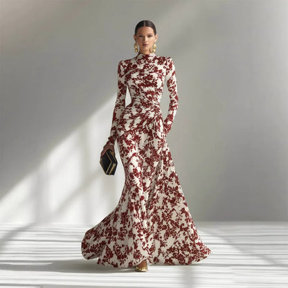Women's Elegant Floral Ruched Long Sleeve Maxi Dress