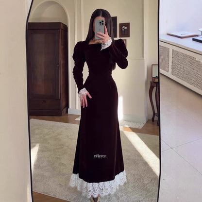 Velvet Maxi Dress Square Neck Lace Trim Long Sleeve