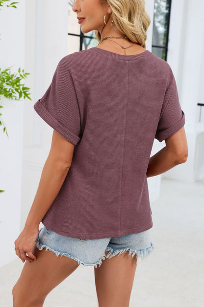 Crochet Lace Yoke Short Sleeve Waffle Knit Casual Top