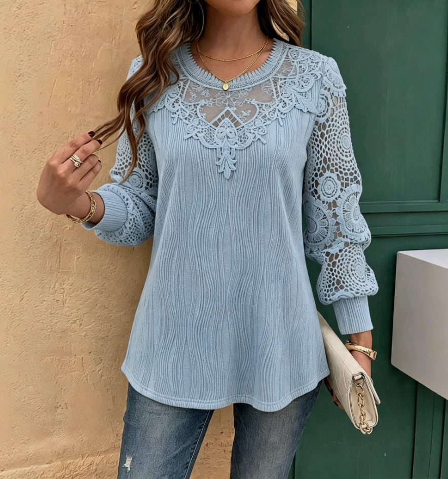 Women's Lace Trim Ribbed Long Sleeve Tunic Top