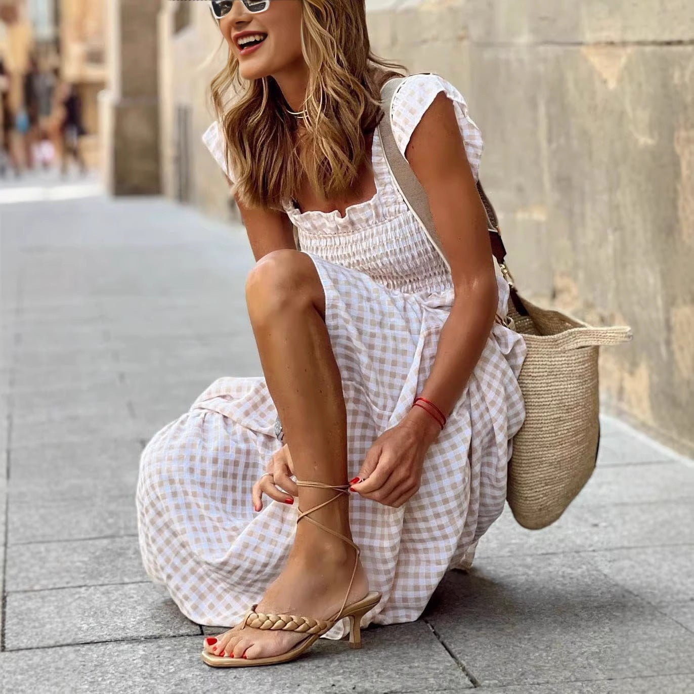 Gingham Smocked Maxi Dress Square Neck Ruffle Sleeve