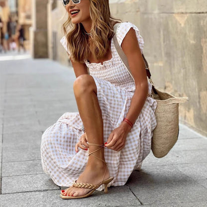 Gingham Smocked Maxi Dress Square Neck Ruffle Sleeve