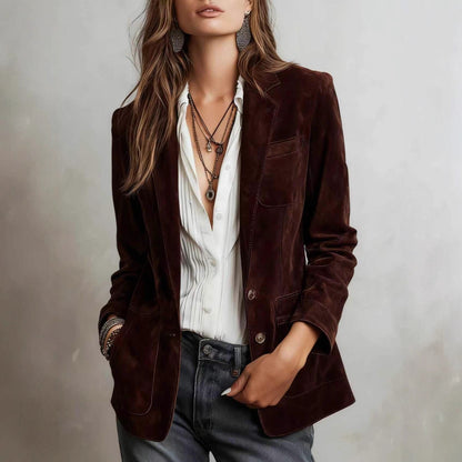 Women's Vintage Faux Suede Blazer Oversized Button Jacket