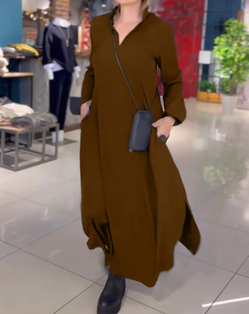 Women's Casual V Neck Long Sleeve Maxi Dress with Pockets