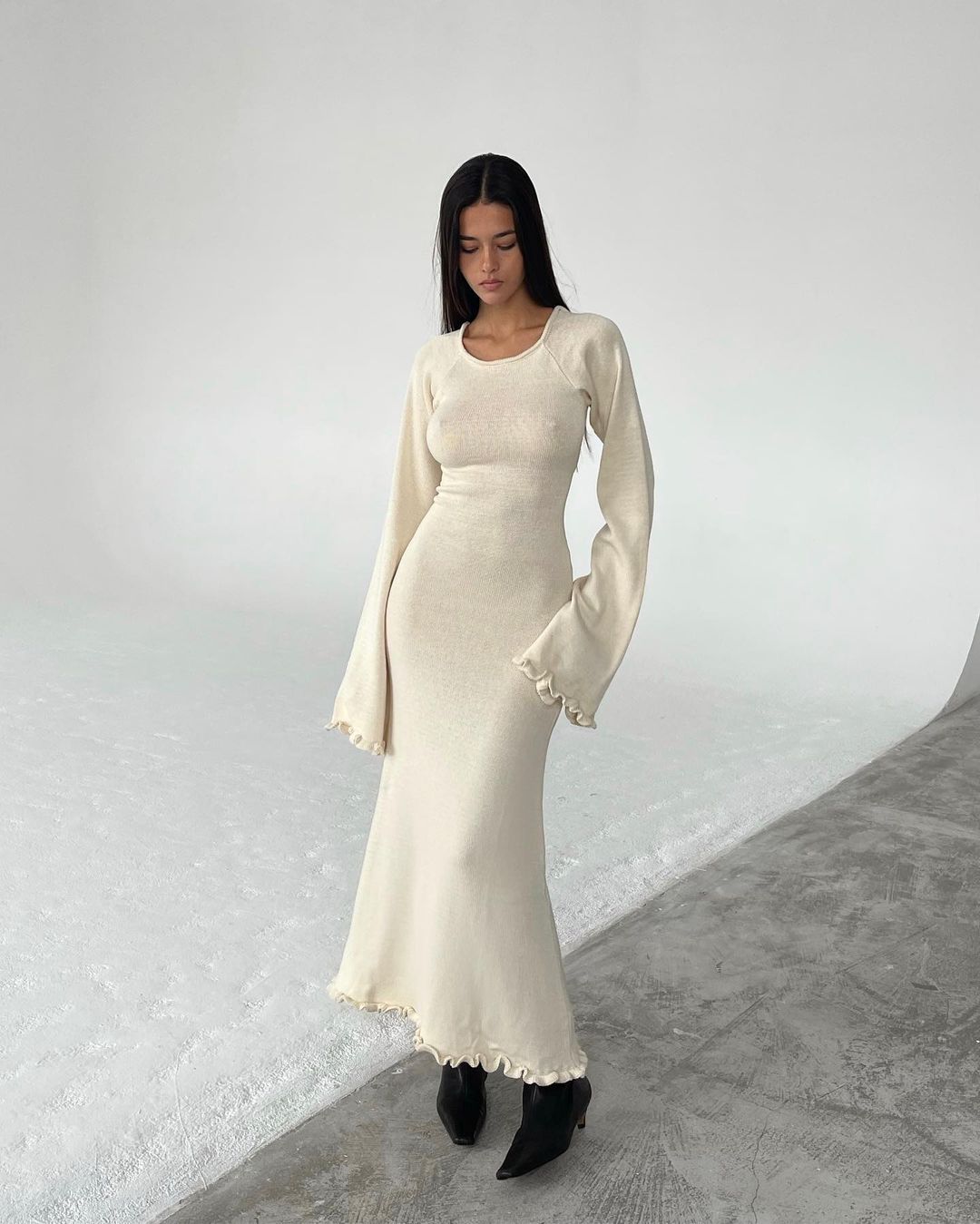 Backless Tie Back Knit Maxi Dress Long Ruffle Sleeve