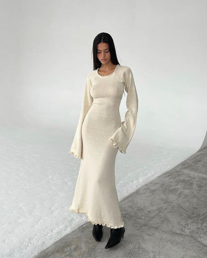 Backless Tie Back Knit Maxi Dress Long Ruffle Sleeve