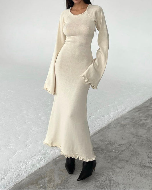 Backless Tie Back Knit Maxi Dress Long Ruffle Sleeve
