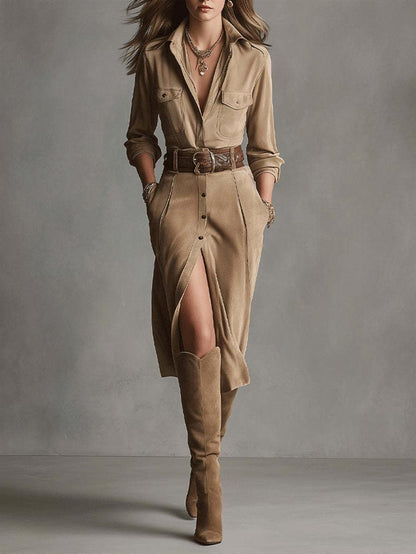 Women's Suede Shirt Dress Midi Belted Button Front