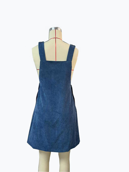 Womens Corduroy Overall Dress Sleeveless Loose Mini Jumper