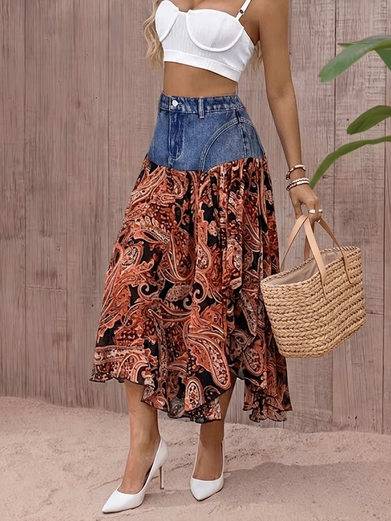 Women's Denim Patchwork Printed Boho Maxi A-Line Skirt