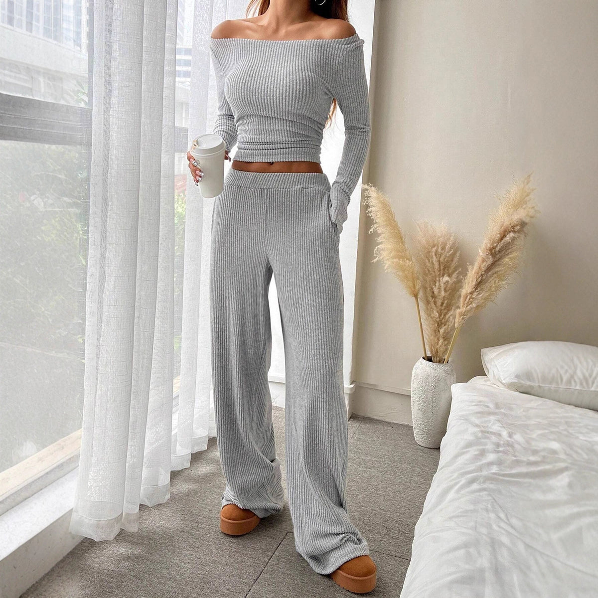 Women's Ribbed Knit Boat Neck Top Wide Leg Pants Set