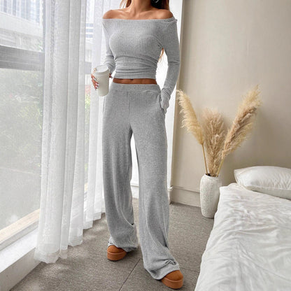 Women's Ribbed Knit Boat Neck Top Wide Leg Pants Set