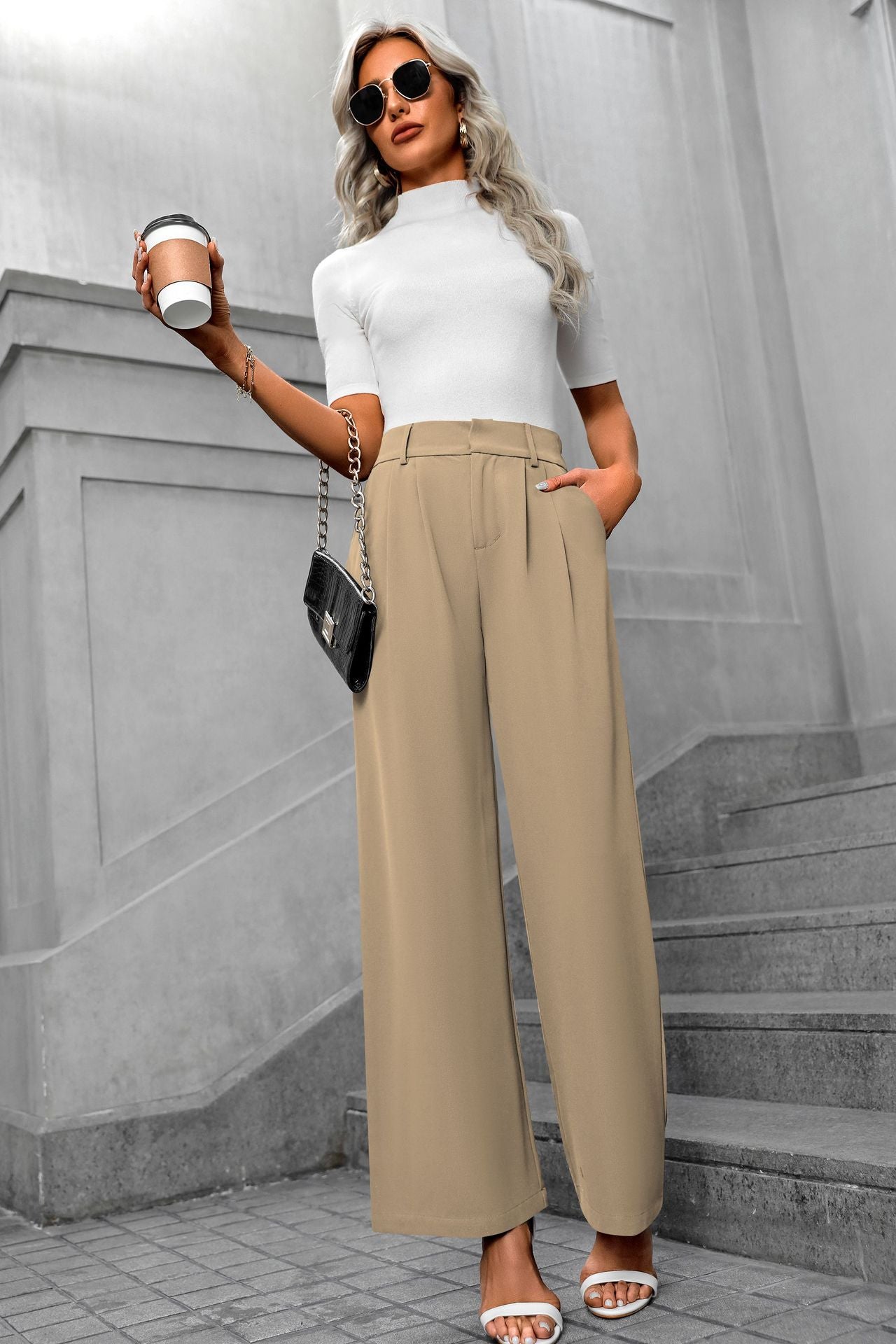 Women's High-Waist Wide-Leg Suit Pants - Elegant Office Trousers