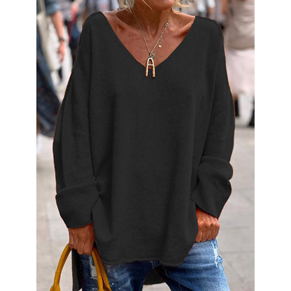 Women's Oversized V-Neck Long Sleeve Casual Tee
