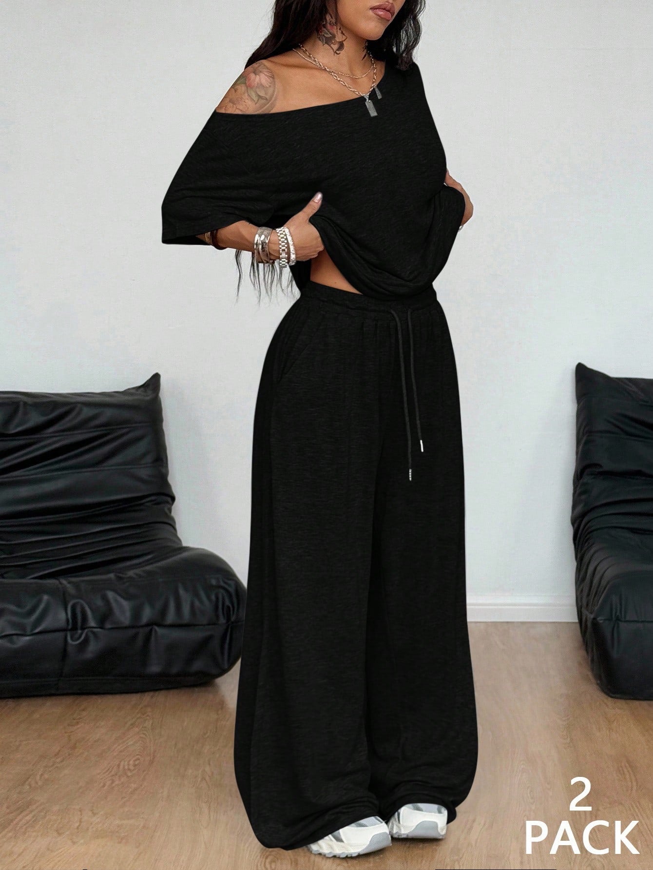 Off Shoulder Top Wide Leg Pants Lounge Set