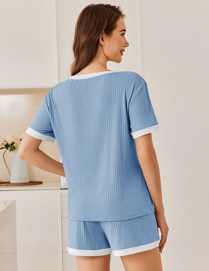 Ribbed Colorblock Lounge Shorts Set Summer Pajama