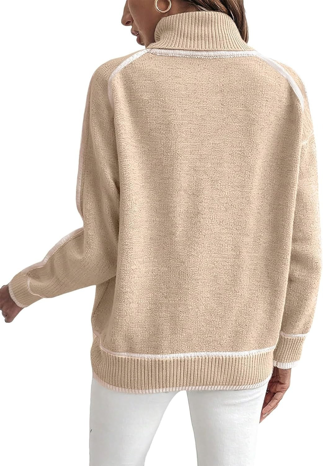 Women's Oversized Turtleneck Sweater Contrast Trim Pullover