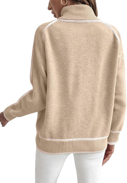 Women's Oversized Turtleneck Sweater Contrast Trim Pullover