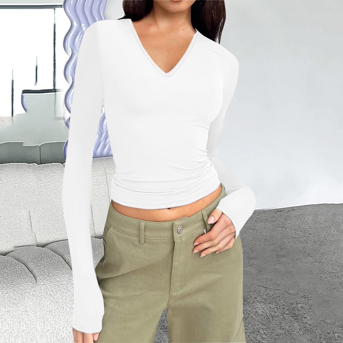 Women's V-Neck Long Sleeve Slim Fit Basic Top