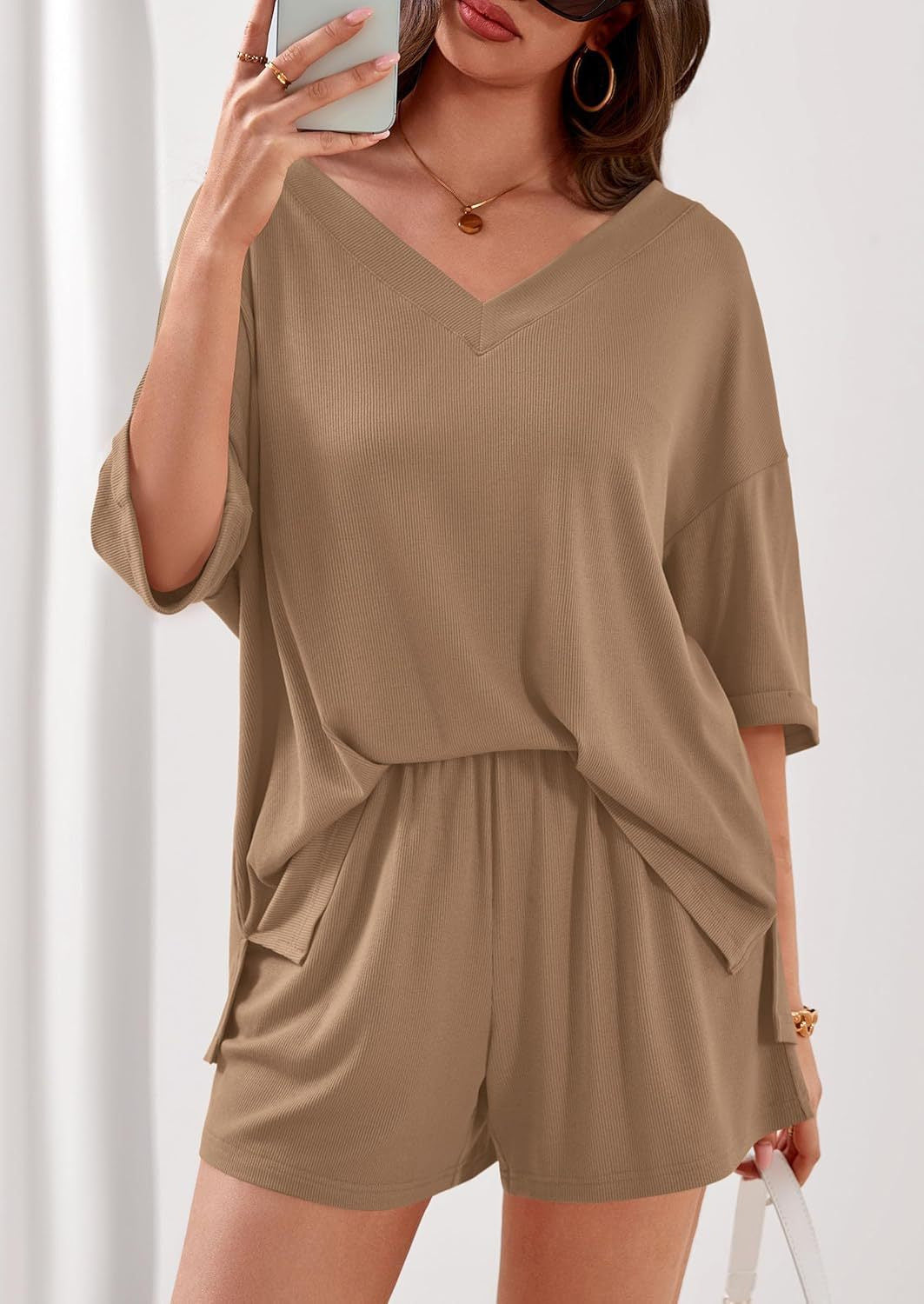 Ribbed V Neck Lounge Set Oversized Top Shorts Set