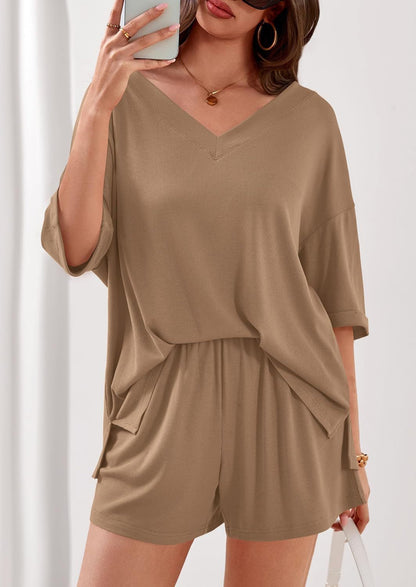 Ribbed V Neck Lounge Set Oversized Top Shorts Set