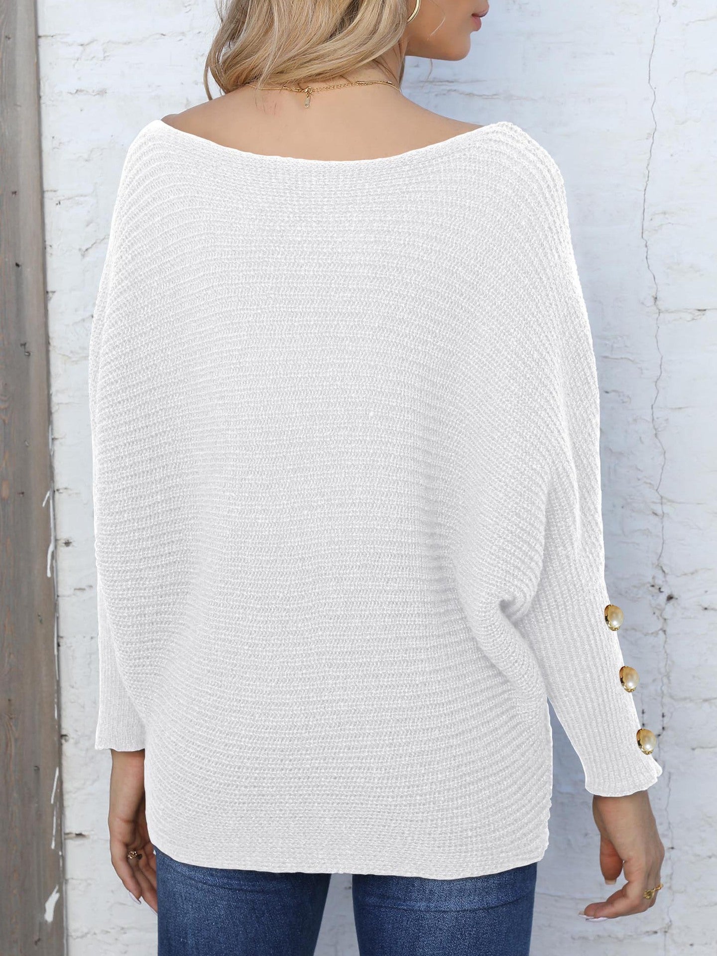 Pearl Button Decorative Bat Sleeve One-Neck Loose Sweater