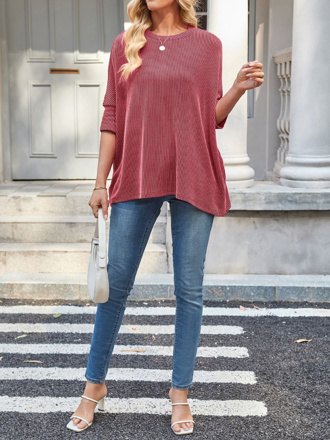 Oversized Batwing Sleeve Ribbed Knit Casual Tunic Top