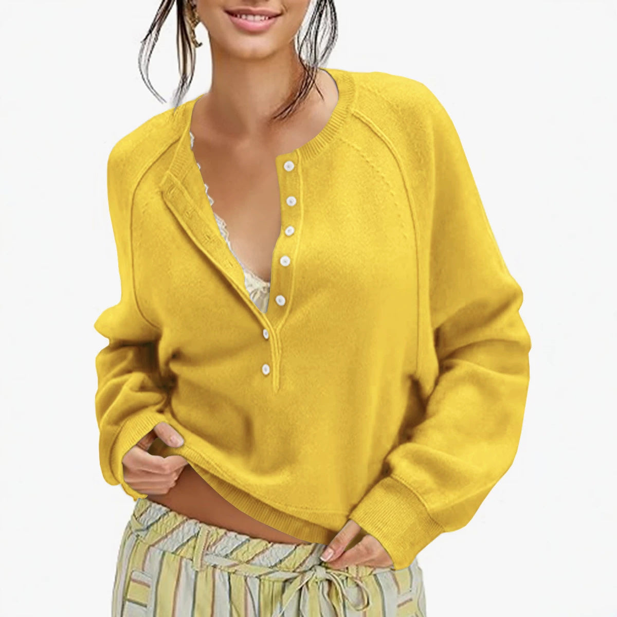 Women's Oversized Henley Sweater Button Front Knit Pullover