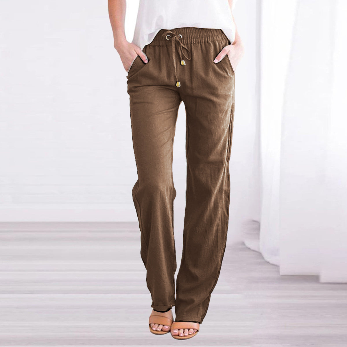 Women's Cotton Linen Drawstring Wide Leg Casual Pants