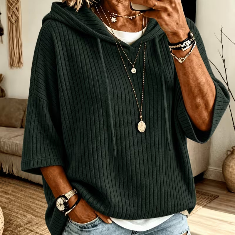 Oversized Ribbed Half Sleeve Hoodie Tunic Pullover Top