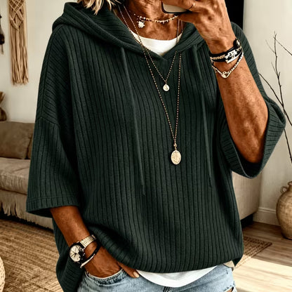 Oversized Ribbed Half Sleeve Hoodie Tunic Pullover Top
