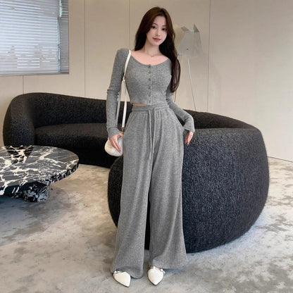 Women's Ribbed Two Piece Set Wide Leg High Waist Pants