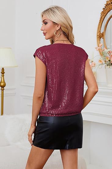 Sequin Sparkly V Neck Sequin Blouse with Raglan Sleeves