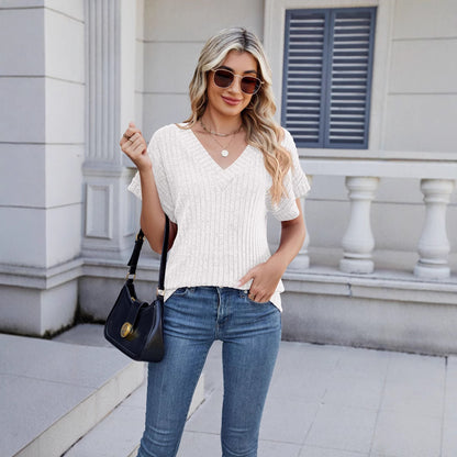 Solid Ribbed Knit Top V Neck Short Sleeve Casual Tee