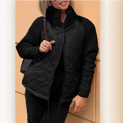Women's Quilted Zip Jacket Cable Knit Sleeve Stand Collar
