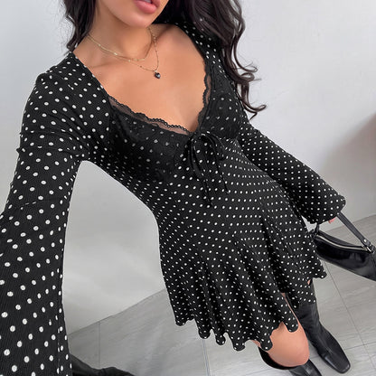 Polka Dot Lace Trim V Neck Long Sleeve Mini Dress