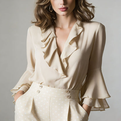 Women's Ruffle V Neck Long Sleeve Blouse