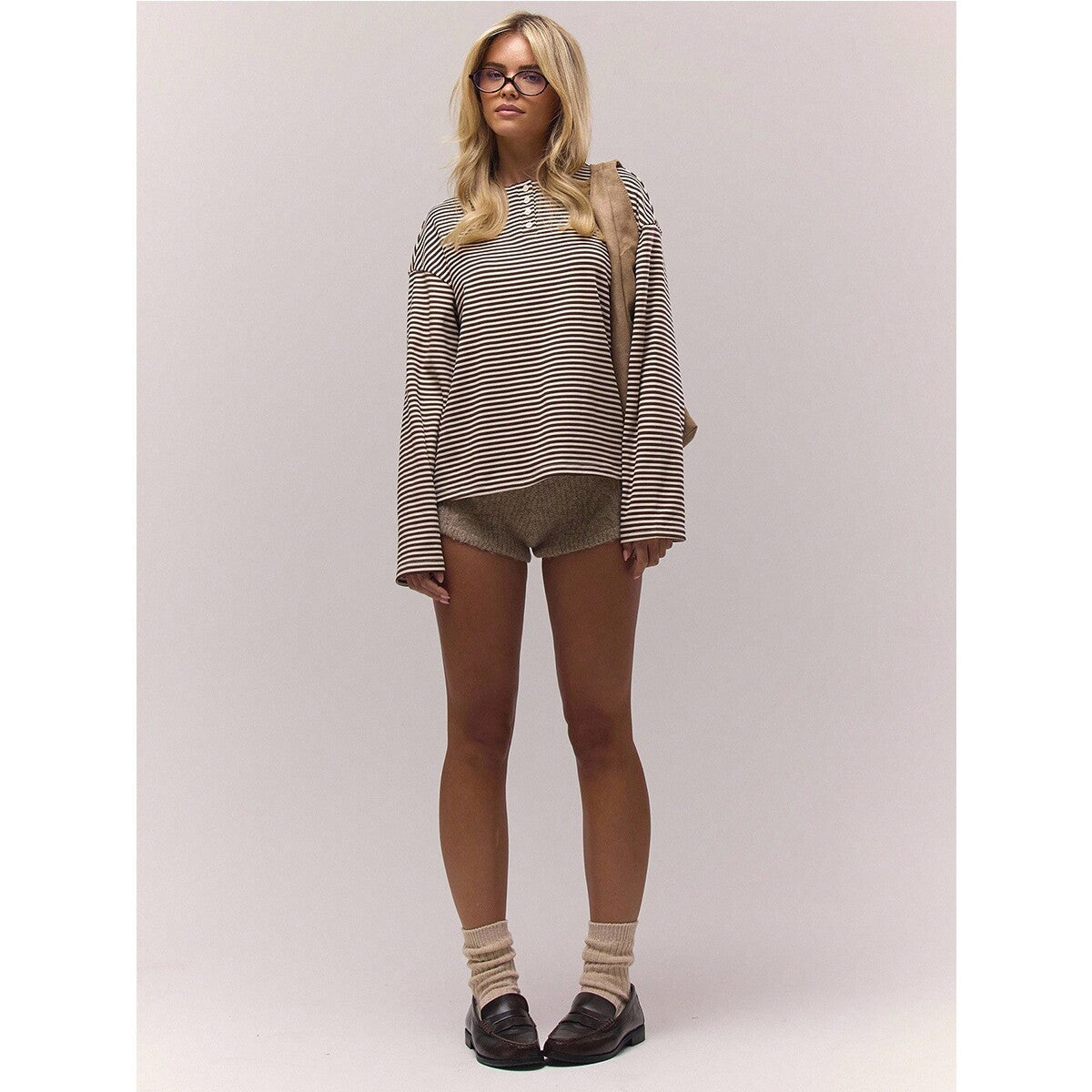 Striped Henley Long Sleeve Oversized Tee Top