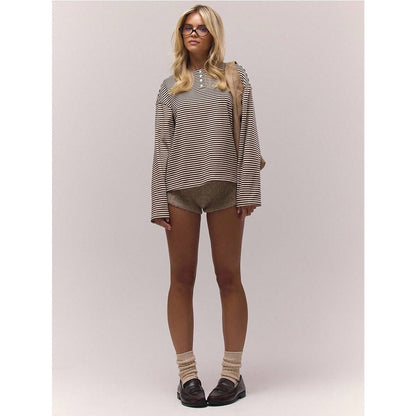 Striped Henley Long Sleeve Oversized Tee Top