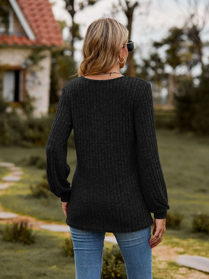 Ribbed Button Front Long Sleeve Knit Top for Women