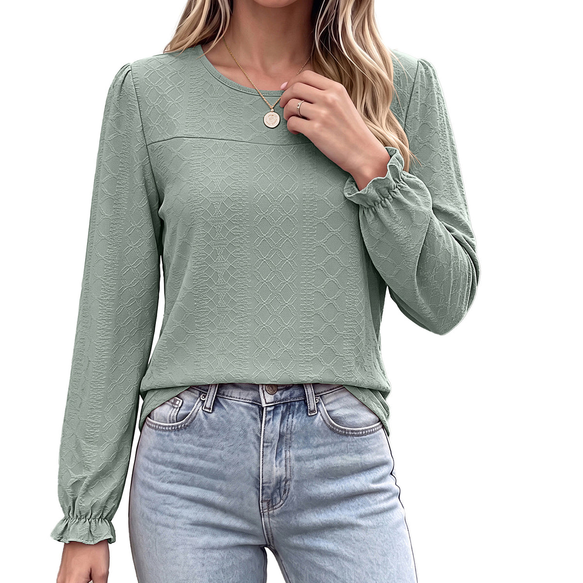 Women's Long Sleeve Round Neck Casual Textured Blouse
