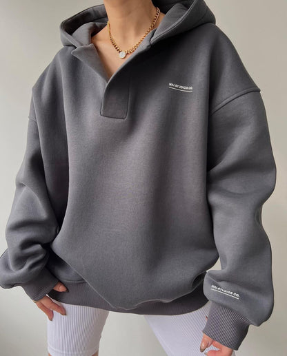 Womens Oversized Fleece V-Neck Hoodie Pullover