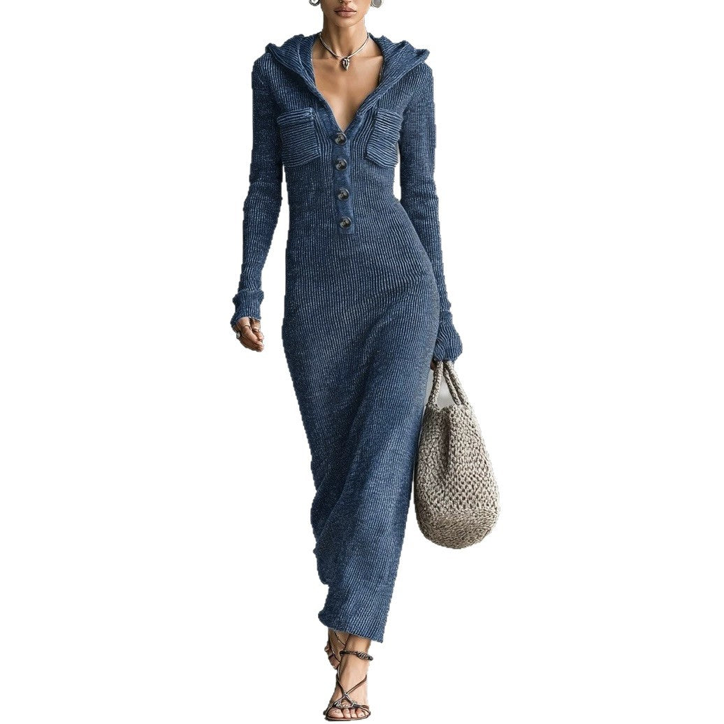 Hooded V Neck Button Front Ribbed Knit Maxi Dress