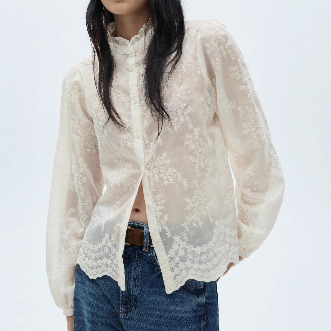 Sheer Floral Embroidered Blouse Ruffle Neck Long Sleeve