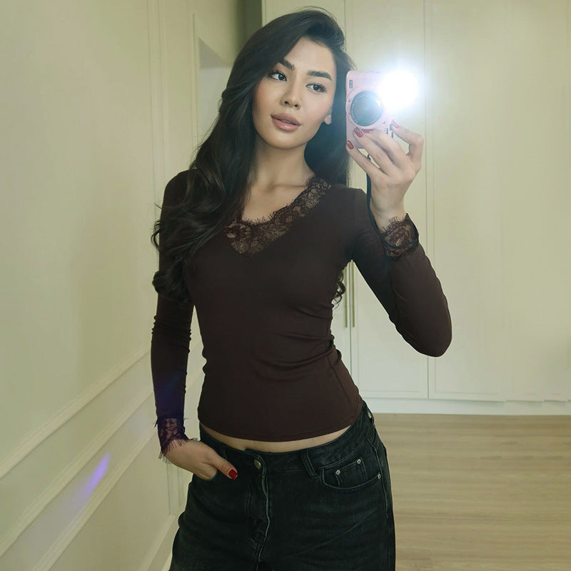 Women's Lace Trim V-Neck Long Sleeve Fitted Top