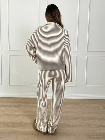 Striped Lounge Set Women Collared Pullover Wide Leg Pants