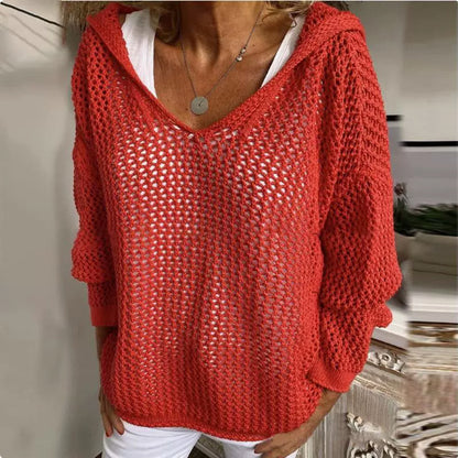 Oversized Hooded Open Knit Sweater V-Neck Pullover