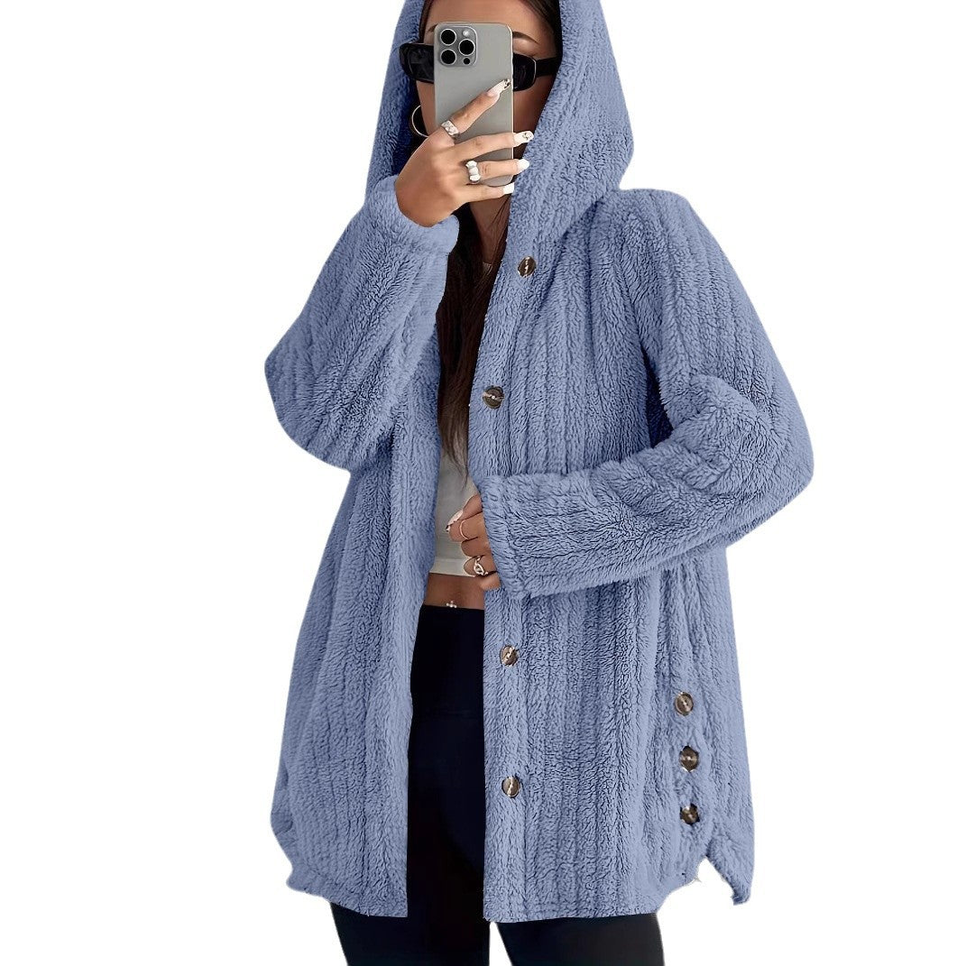 Women's Oversized Hooded Fleece Button Front Jacket