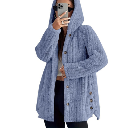 Women's Oversized Hooded Fleece Button Front Jacket
